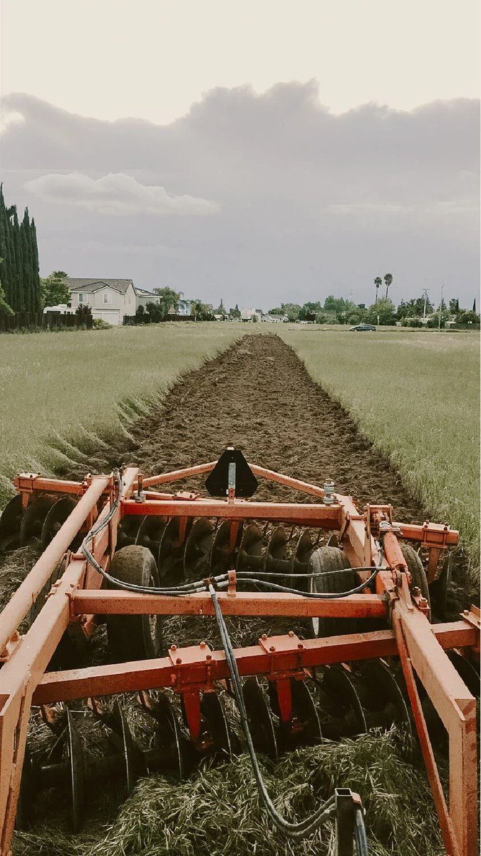 Orange disc harrow cutting through the soil behind a tractor
